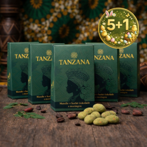Mandle v hořké čokoládě s moringou – TANZANA - Velikonoční nabídka 5+1 - 90g/ks